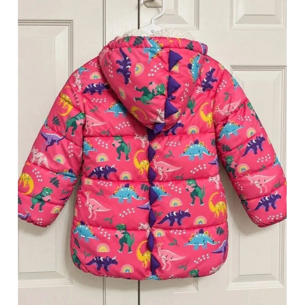 Gymboree Girls Dino-Mite Pink Dinosaur Puffer Jacket Sherpa Lined Hooded 5T